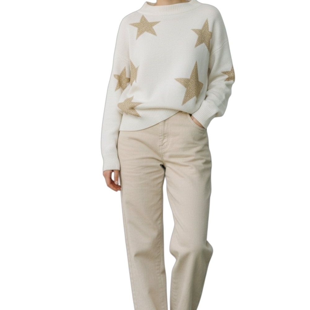 Sioni Star Print Crewneck Sweater Ivory Beige Knit Pullover Cozy Top